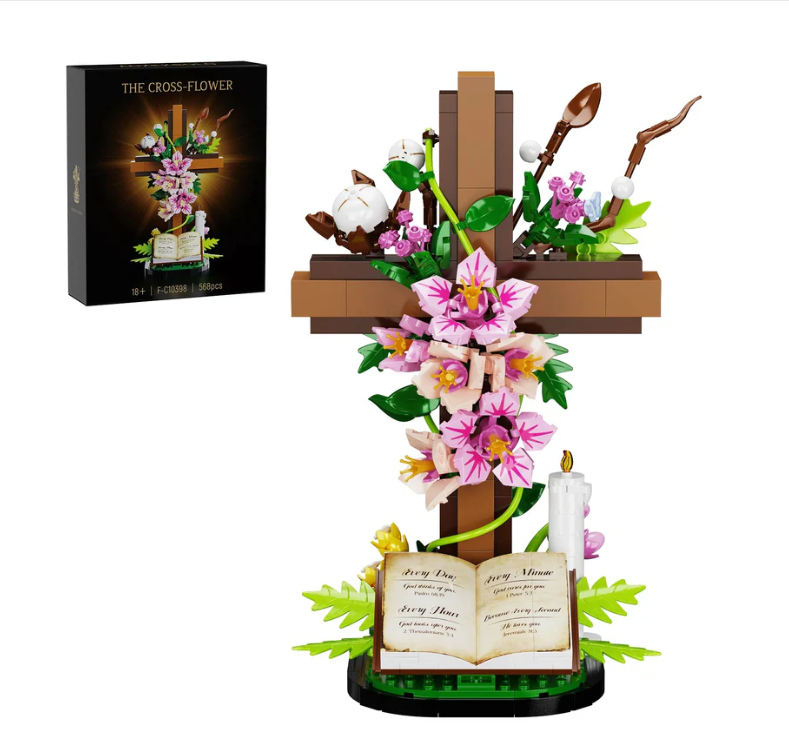 ✝️🌷 Croix Chrétienne – Bouquet de Fleurs | Bloc de Construction  |  Cadeau Inspirant