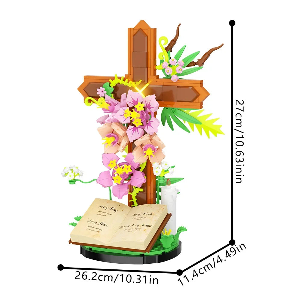 ✝️🌷 Croix Chrétienne – Bouquet de Fleurs | Bloc de Construction  |  Cadeau Inspirant