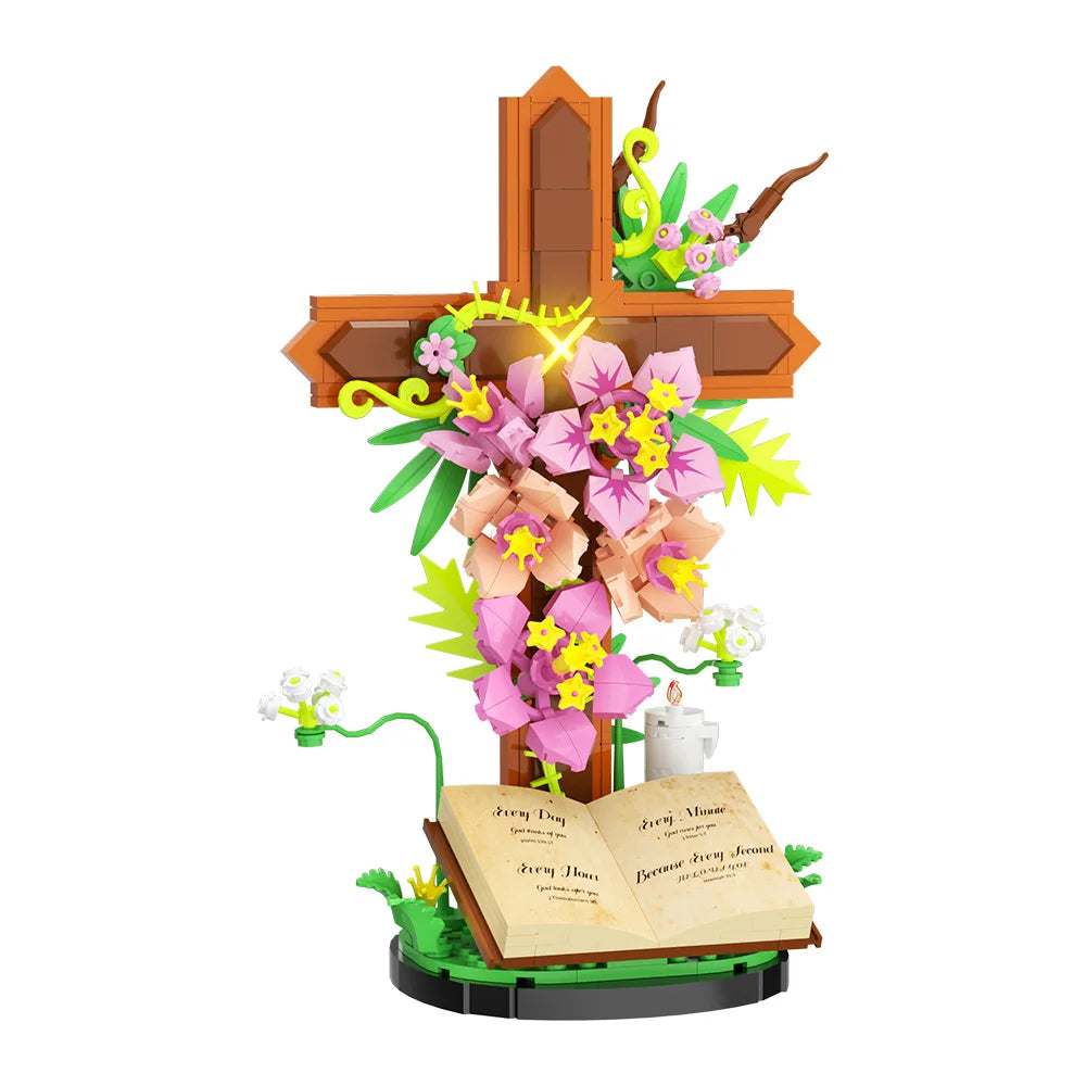 ✝️🌷 Croix Chrétienne – Bouquet de Fleurs | Bloc de Construction  |  Cadeau Inspirant