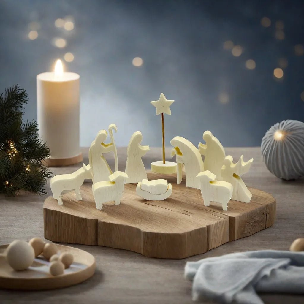 🎄 Crèche de Noël en Bois – Décoration Moderne de la Nativité ✨ Lot de 11 Figurines Naturelles 🪵 - MonBerger