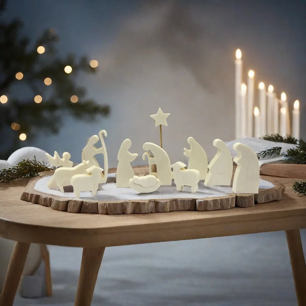 🎄 Crèche de Noël en Bois – Décoration Moderne de la Nativité ✨ Lot de 11 Figurines Naturelles 🪵 - MonBerger