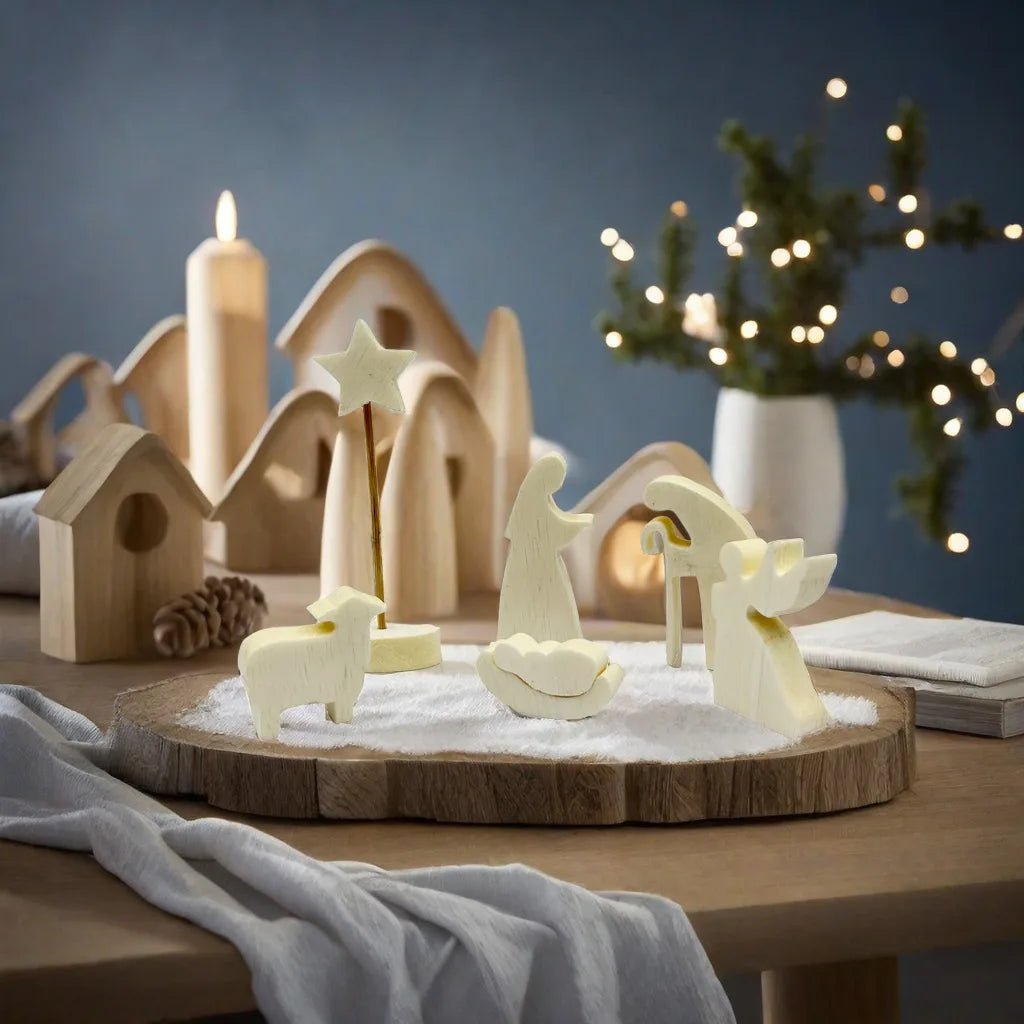 🎄 Crèche de Noël en Bois – Décoration Moderne de la Nativité ✨ Lot de 11 Figurines Naturelles 🪵 - MonBerger