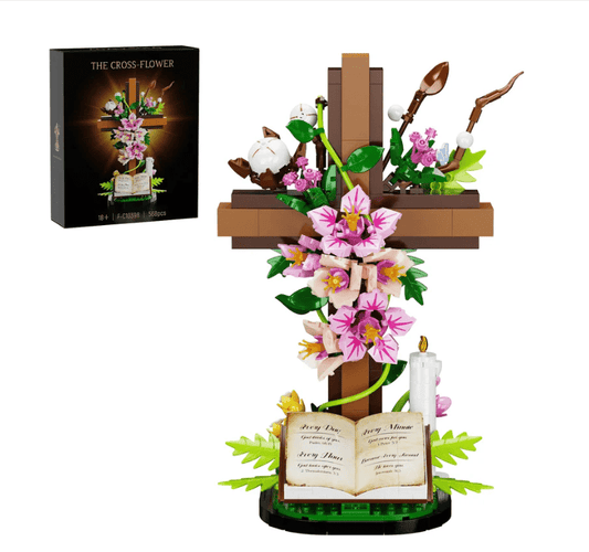 ✝️🌷 Croix Chrétienne – Bouquet de Fleurs | Bloc de Construction | Cadeau Inspirant - MonBerger