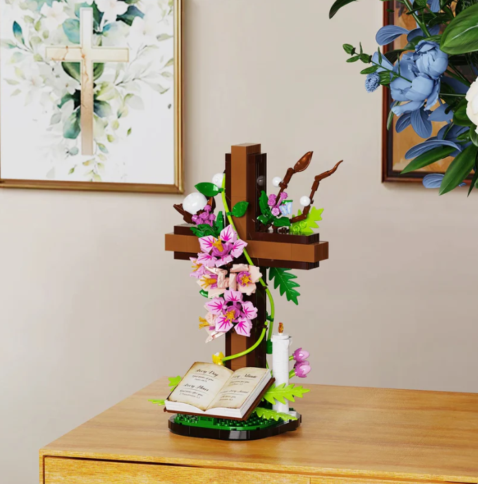 ✝️🌷 Croix Chrétienne – Bouquet de Fleurs | Bloc de Construction  |  Cadeau Inspirant